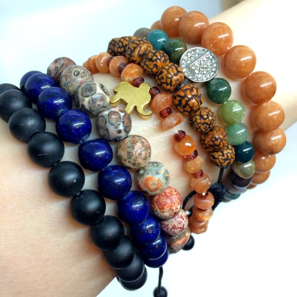 GEMSTONE BRACELET Stone Stack Boho Stretch Glass Bead Panther Bracelet Set